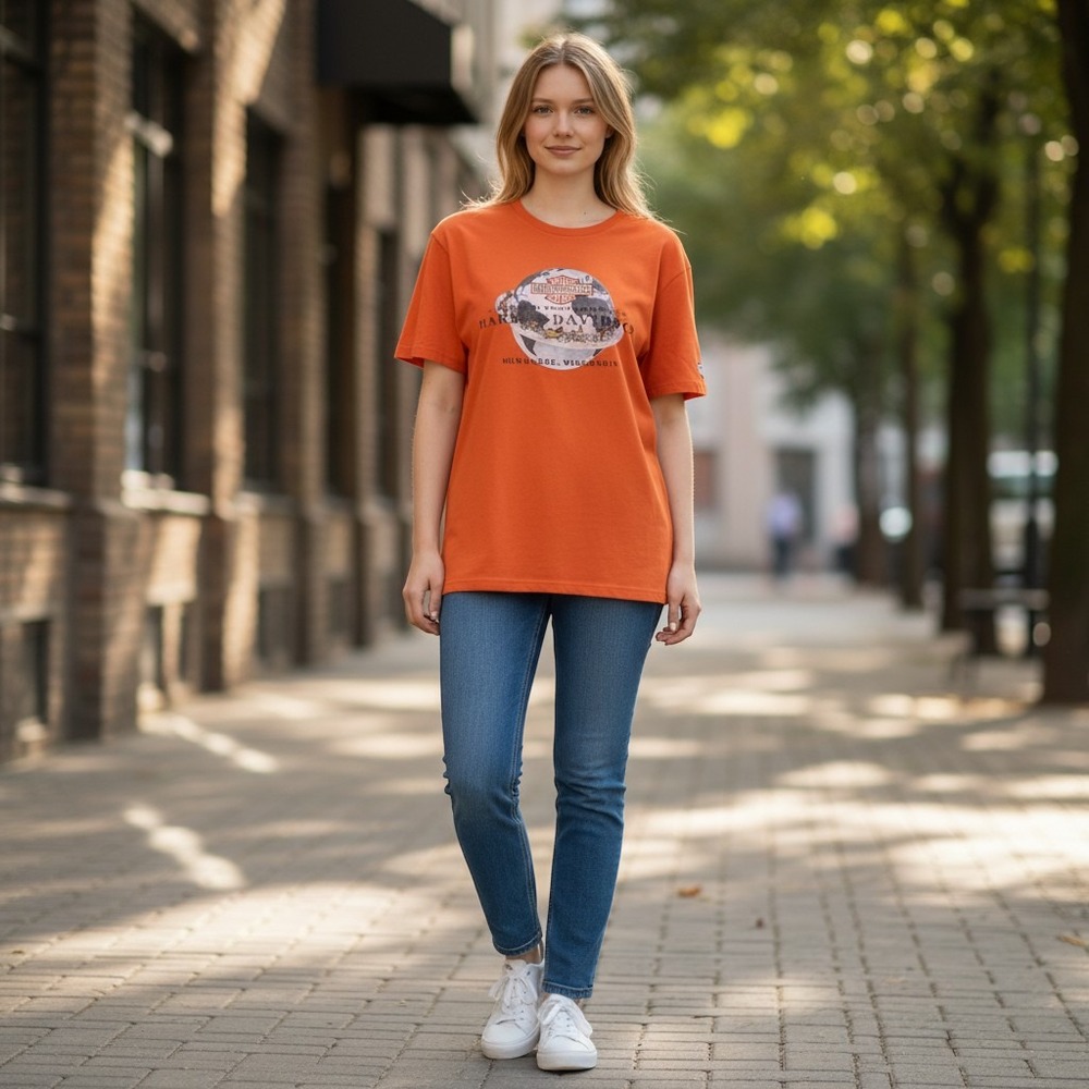 Harley Davidson T-Shirt 2W Orange Excellent 100th‎ Anniversary Graphic Tee USA